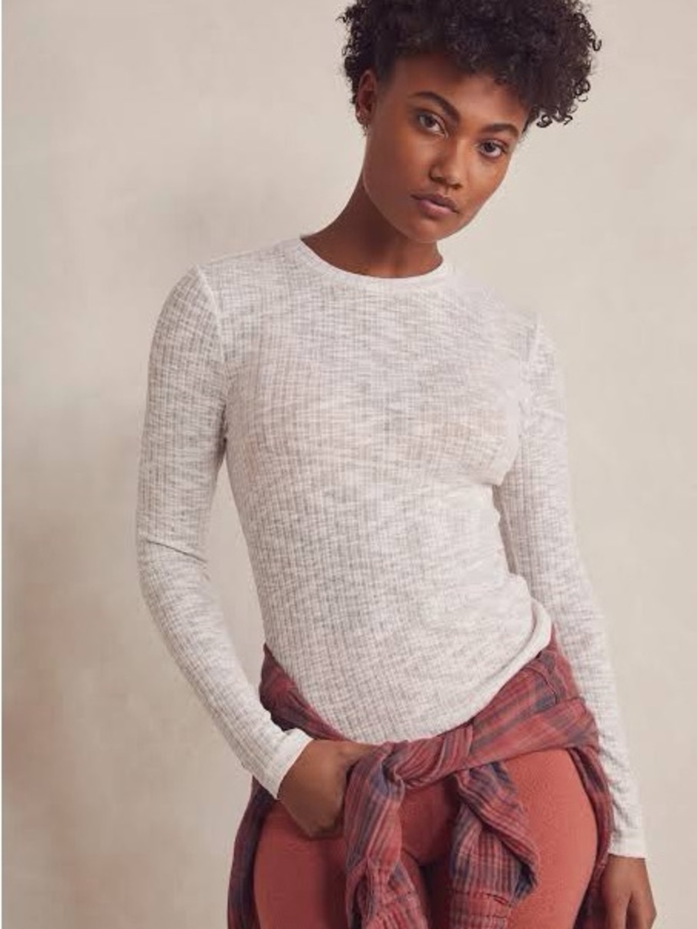 Free People We The Free White Marled Ribbed Long Sleeve Top Small